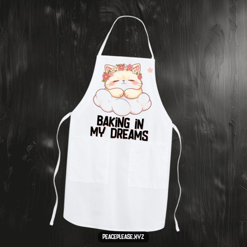 Funny plump cat wearing flower crowns, snoozing on a cloud, holding a gentle breeze on a kitchen apron, humorous and functional.