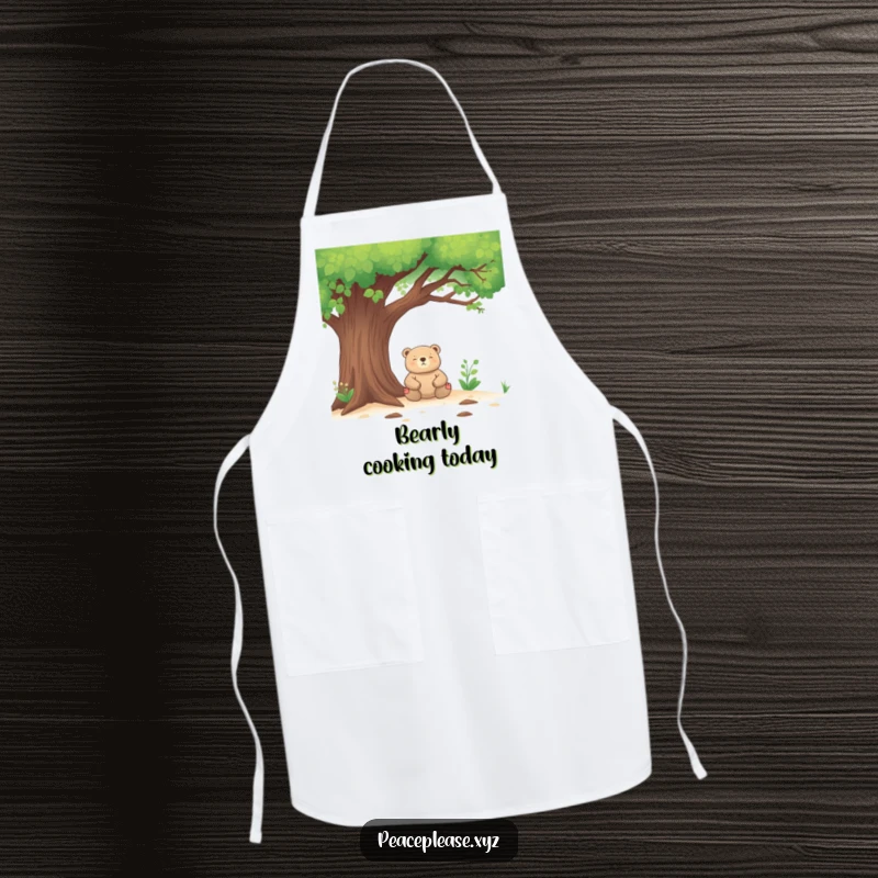 Funny Apron showing a meditating bear in the kitchen, combining culinary fun with peaceful humor for chefs.