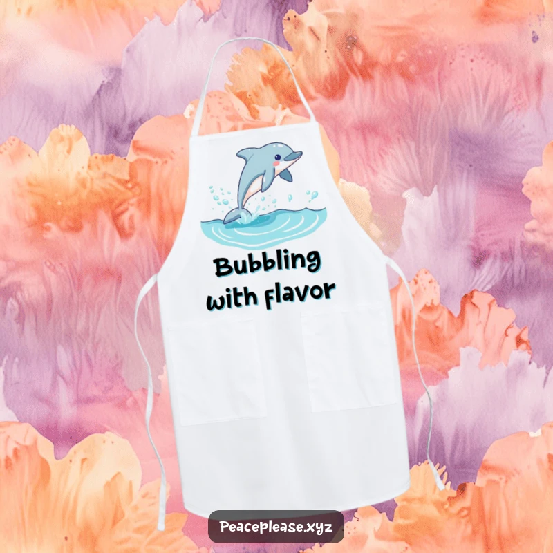 Funny dolphin apron depicting a playful dolphin leaping from a blue wave with bubbles, perfect for adding humor to cooking.