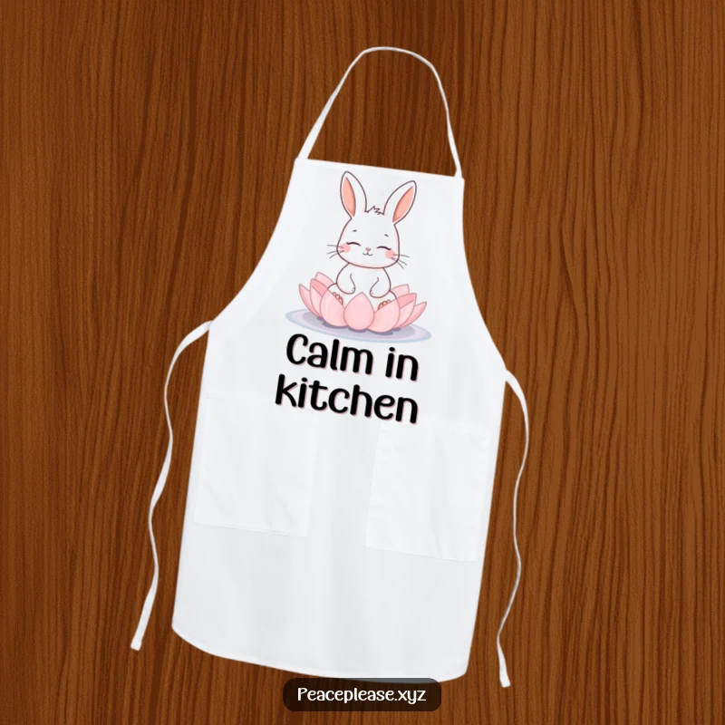 Funny meditating rabbit on a lotus flower pad on a kitchen apron, adding zen and humor to cooking, great gift.