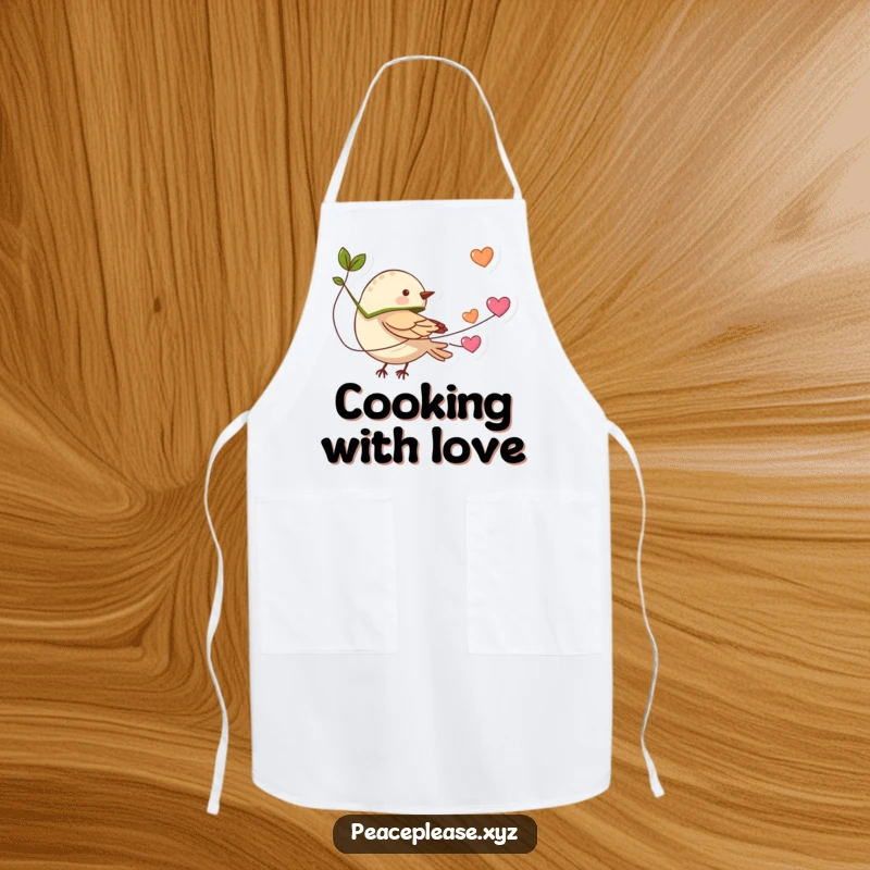 Funny tiny bird with a leaf cape flying with a string of hearts on a kitchen apron, humorous and functional for spreading love.