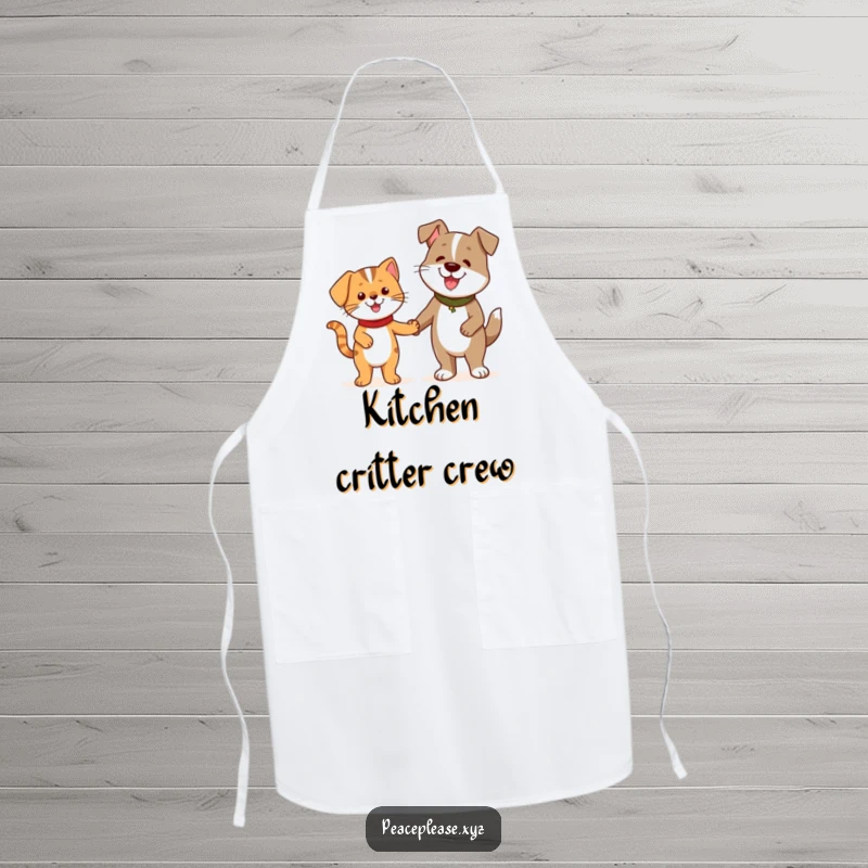 Funny Apron showcasing a cheerful cat and a friendly dog holding hands, symbolizing friendship.