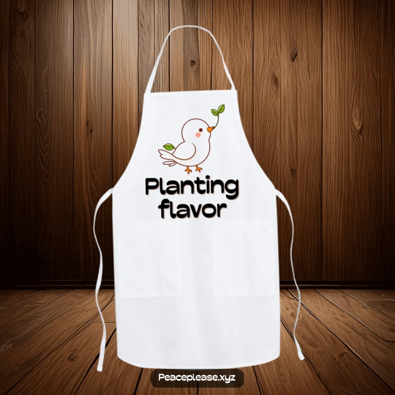 Funny Apron showcasing a happy dove carrying a green sprout, perfect for hopeful cooks.