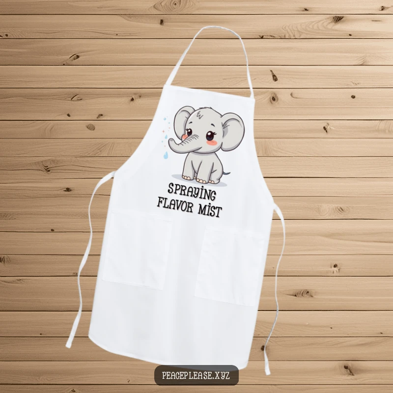 Funny kitchen apron with a cute elephant character spraying a refreshing mist of sparkling water. A humorous cooking accessory gift.