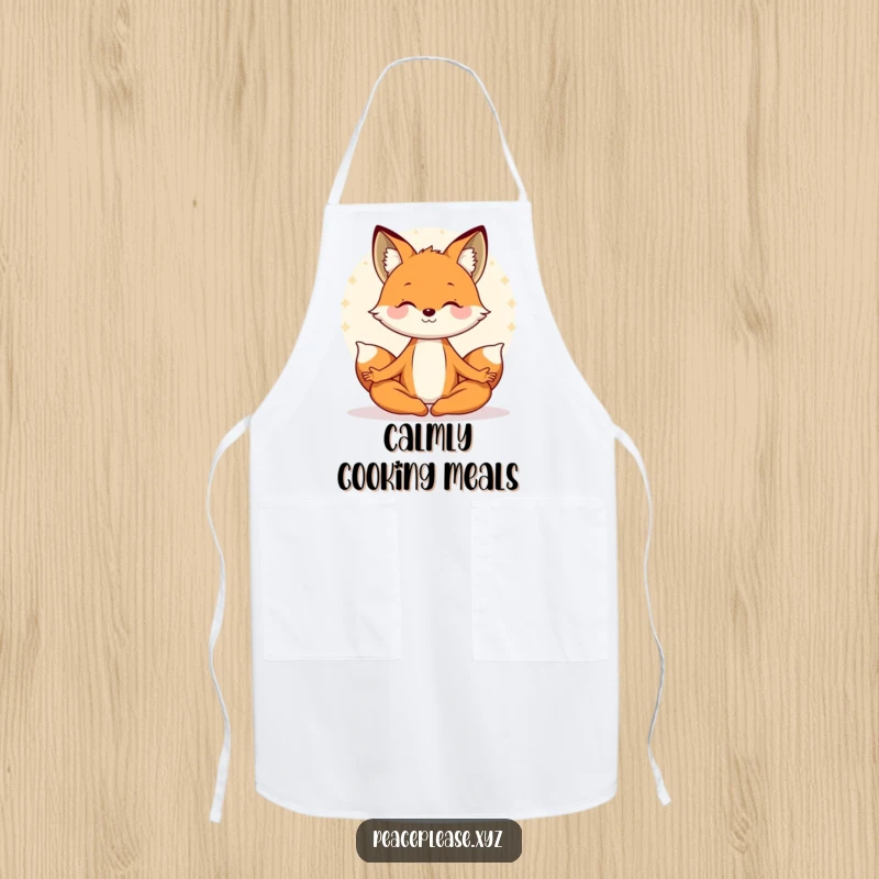 Funny kitchen apron with a meditating fox character radiating a serene aura, bringing calm to cooking. A humorous accessory gift.