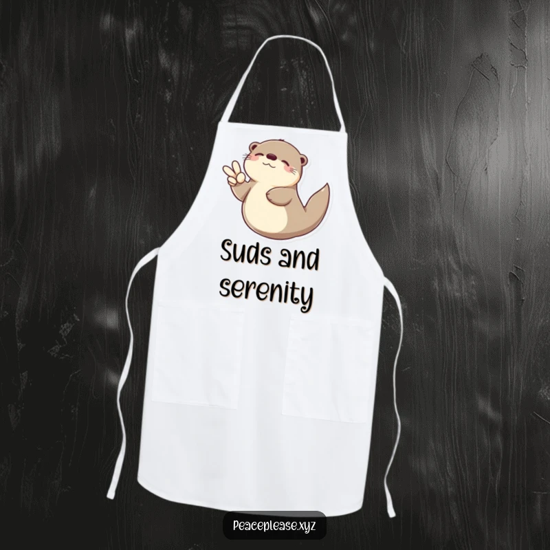 Funny Otter apron showing a serene otter floating on its back with a peace sign, a humorous kitchen accessory for relaxation lovers.