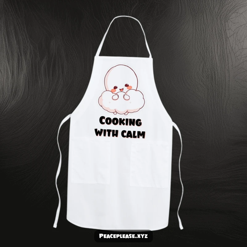 Funny Apron showcasing a resolved character hugging a fluffy cloud resembling a peace symbol.