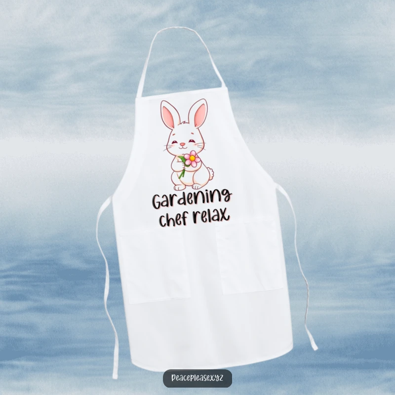 Funny Apron showing a serene bunny holding a blooming flower with a calm smile, ready for gentle kitchen tasks.