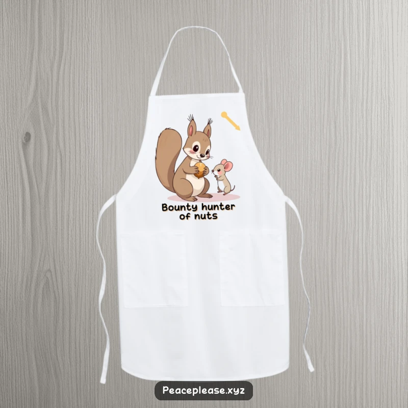 Funny apron featuring a curious squirrel offering a nut to a tiny, trusting mouse in a delightful kitchen scene.