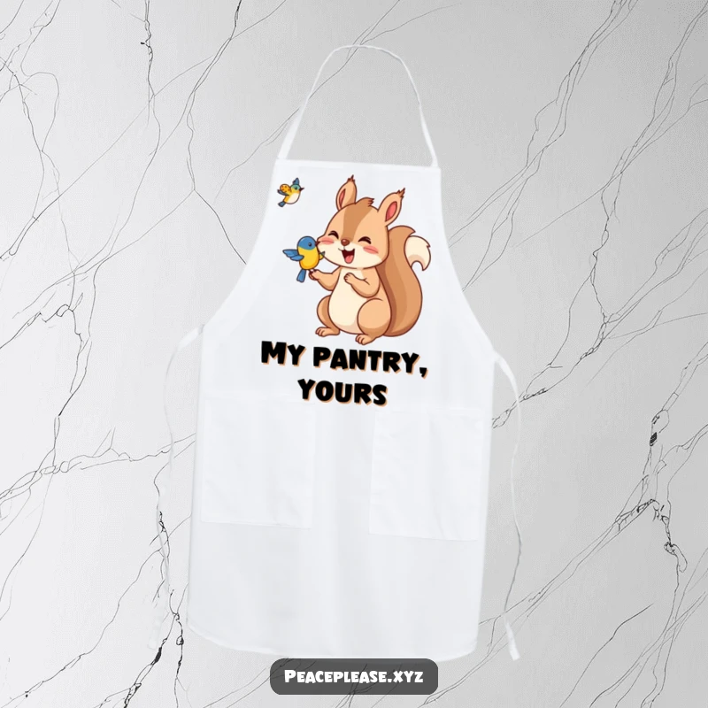 Funny Squirrel apron showing a joyful squirrel offering nuts to a bird, a humorous kitchen accessory for wildlife lovers.