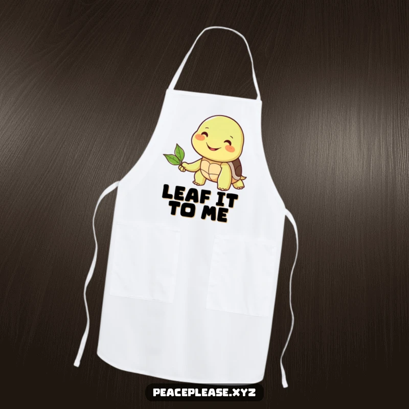 Funny apron featuring a smiling turtle offering a leaf to a smiling friend, ideal for a kitchen helper.