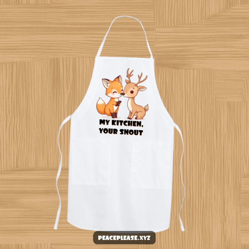 Funny Fox and Deer apron showing a happy fox gently touching noses with a deer, a humorous kitchen accessory for animal lovers.