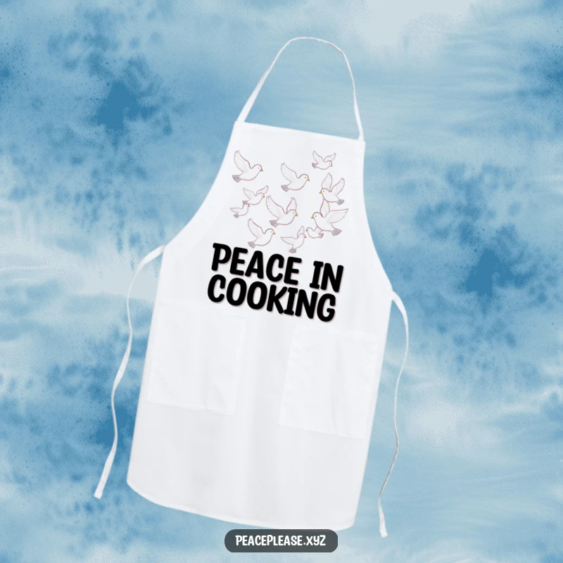 Funny apron with a serene flock of doves flying in formation, ideal for someone who cooks with a peaceful heart.
