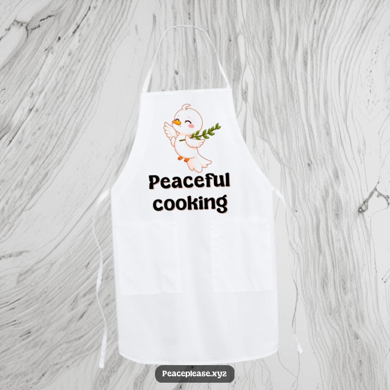 Funny dove carrying an olive branch on a kitchen apron, adding zen and humor to cooking, great gift.