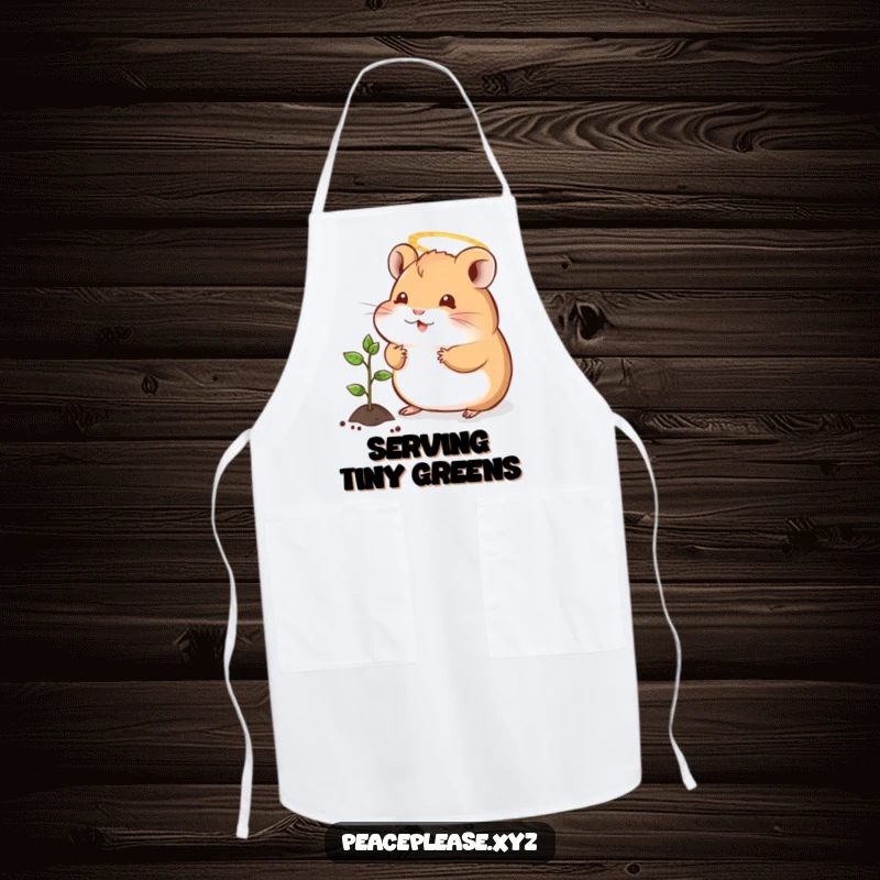 Funny apron with a peaceful hamster wearing a halo, offering a tiny sprout to a seedling, perfect for kitchen kindness and humor.