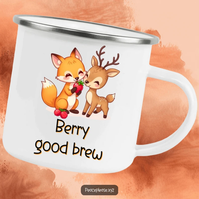 Funny camping mug showing a playful fox sharing a berry with a gentle deer, ideal for outdoor sharing moments.
