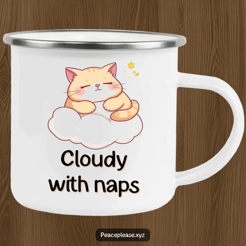 Funny cat camping mug showing a plump cat napping on a cloud, dreaming of sunshine, ideal for outdoor enthusiasts.