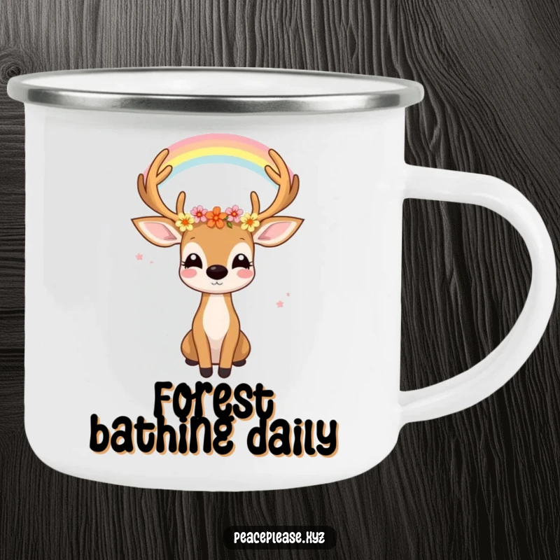 Funny camping mug graphic of a joyful deer with flowers in its antlers gazing serenely at a rainbow, for outdoor use.
