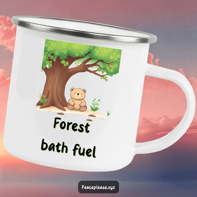 Funny Camping Mug featuring a meditating bear, perfect for enjoying drinks during peaceful outdoor adventures with humor.