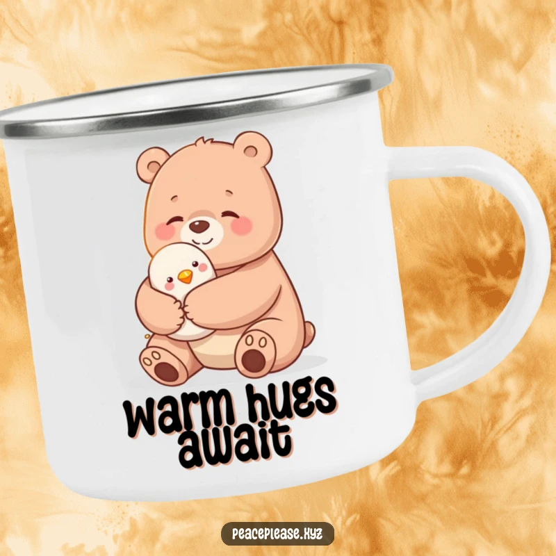 Funny camping mug illustrating a gentle bear giving a loving hug to a small bird, perfect for outdoor enthusiasts.