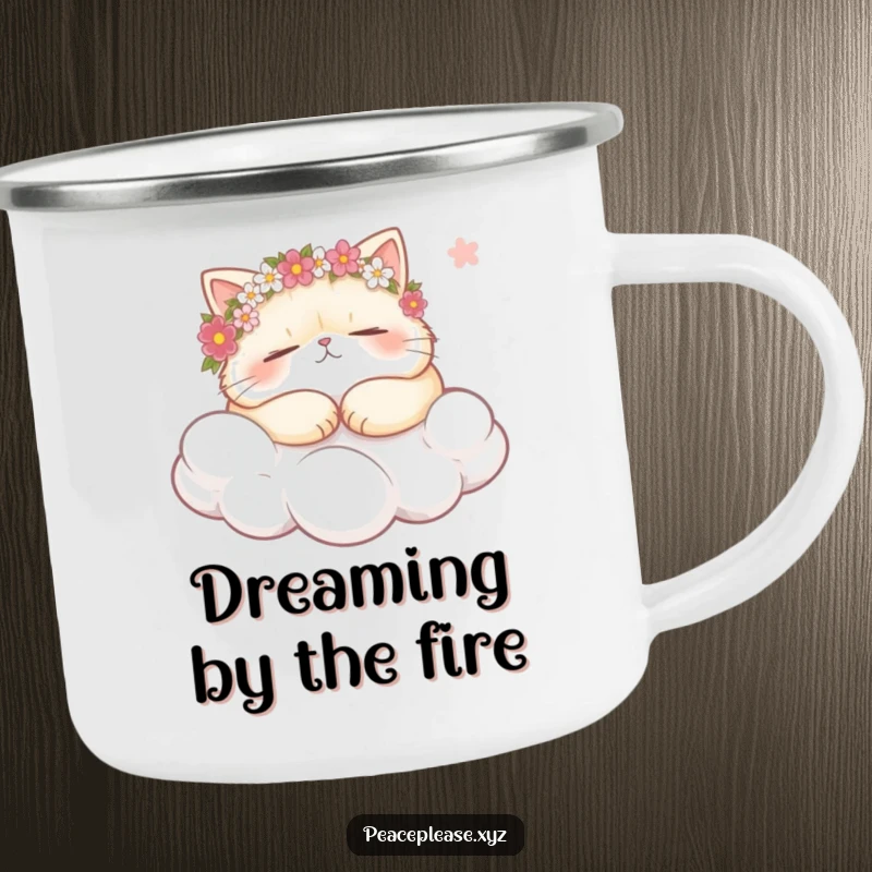 Funny plump cat wearing flower crowns, snoozing on a cloud, holding a gentle breeze on a sturdy camping mug, for ultimate outdoor comfort.