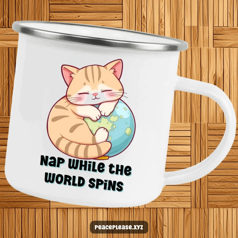 Funny Camping Mug featuring a napping cat around a globe, perfect for enjoying beverages on adventurous, humorous trips.
