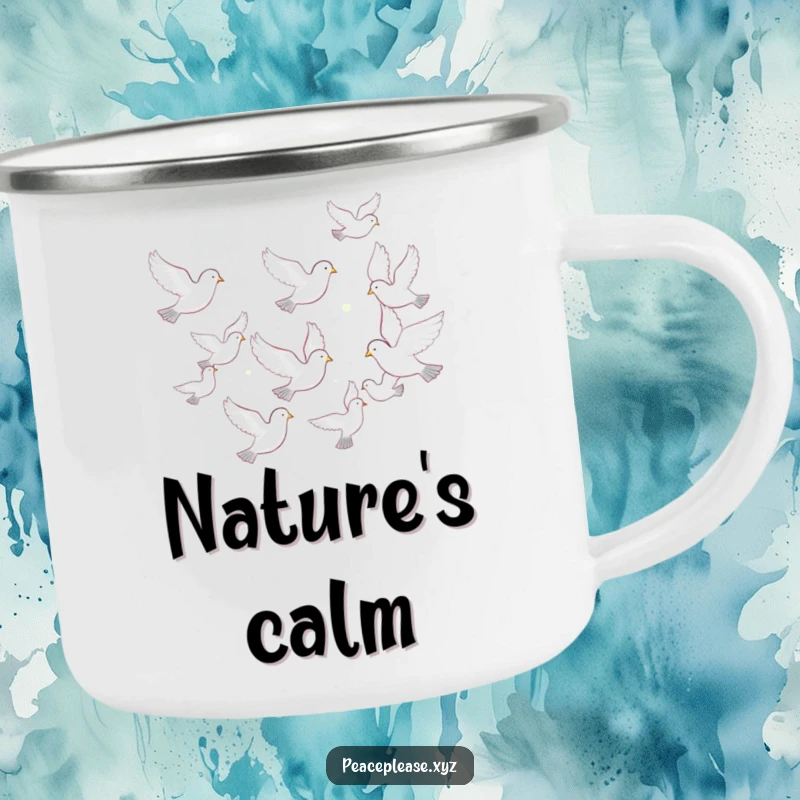 Funny camping mug showing a flock of white doves in a serene flight formation, ideal for peaceful outdoor moments.