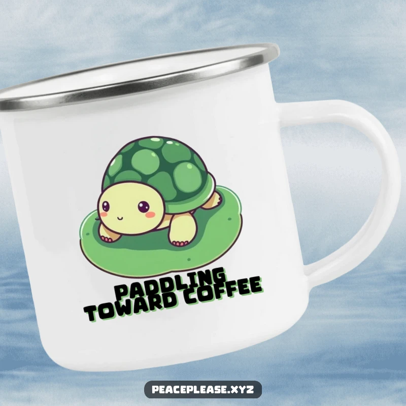 Funny Camping Mug featuring a serene turtle on a lily pad, perfect for enjoying drinks during peaceful, humorous outdoor trips.