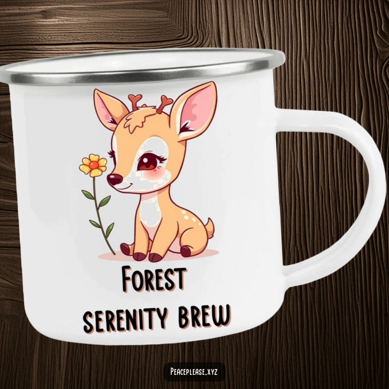 Camping mug featuring a gentle deer with a soft gaze, offering a flower, perfect for peaceful outdoor enjoyment.