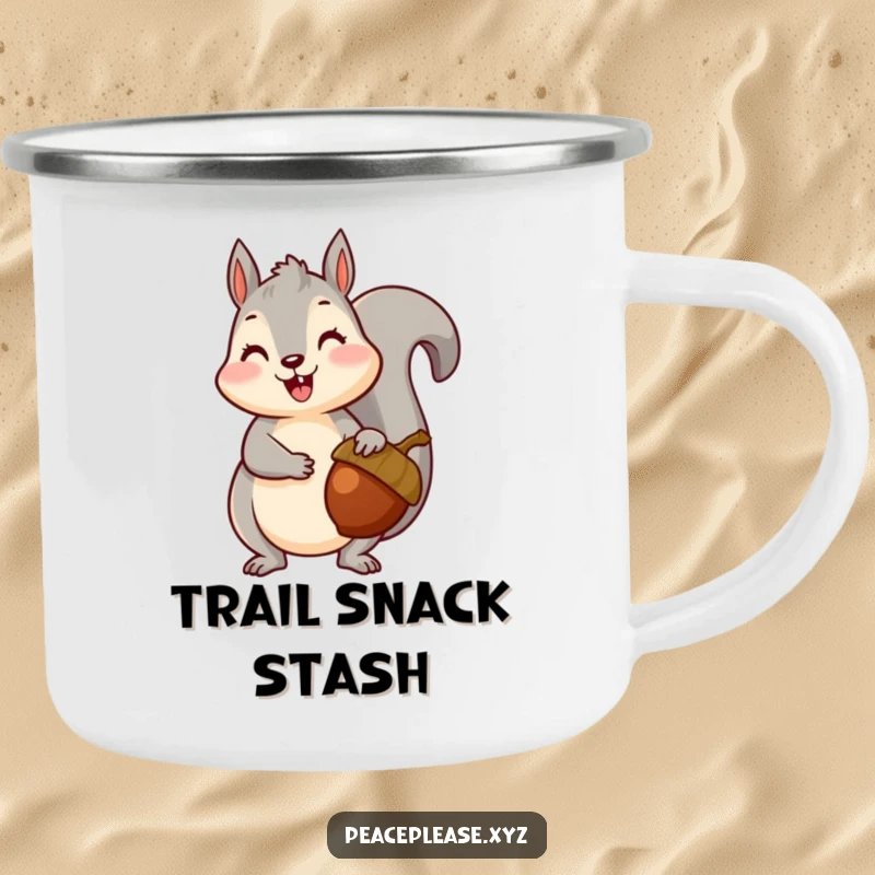Camping mug featuring a happy squirrel offering a ripe acorn, perfect for enjoying drinks outdoors with a nutty friend.