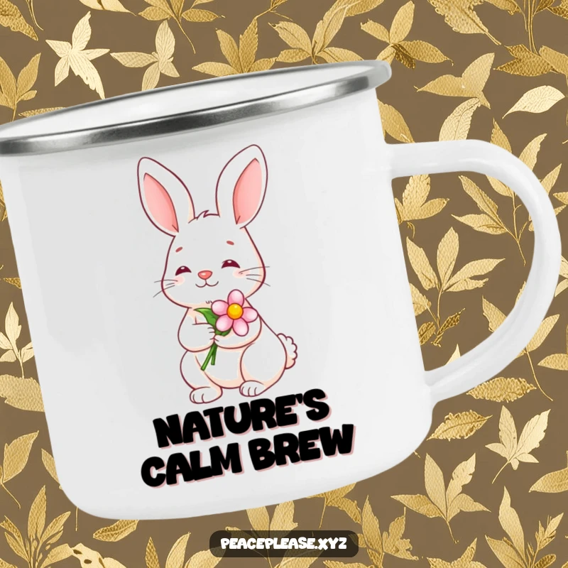 Funny Camping Mug featuring a serene bunny holding a blooming flower with a calm smile, perfect for outdoor tranquility.
