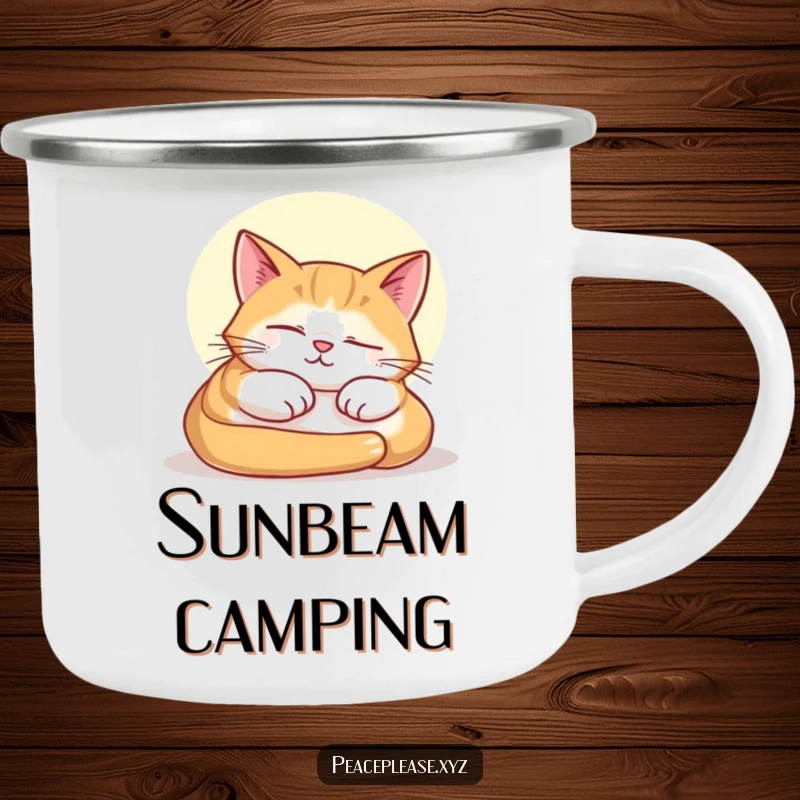 Funny camping mug featuring a contented cat peacefully napping in a warm sunbeam, perfect for serene outdoor moments.