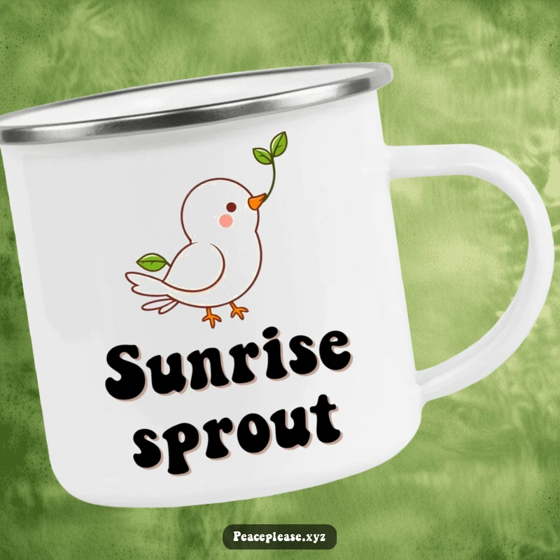 Funny Camping Mug featuring a happy dove character holding a green sprout, symbolizing hope.