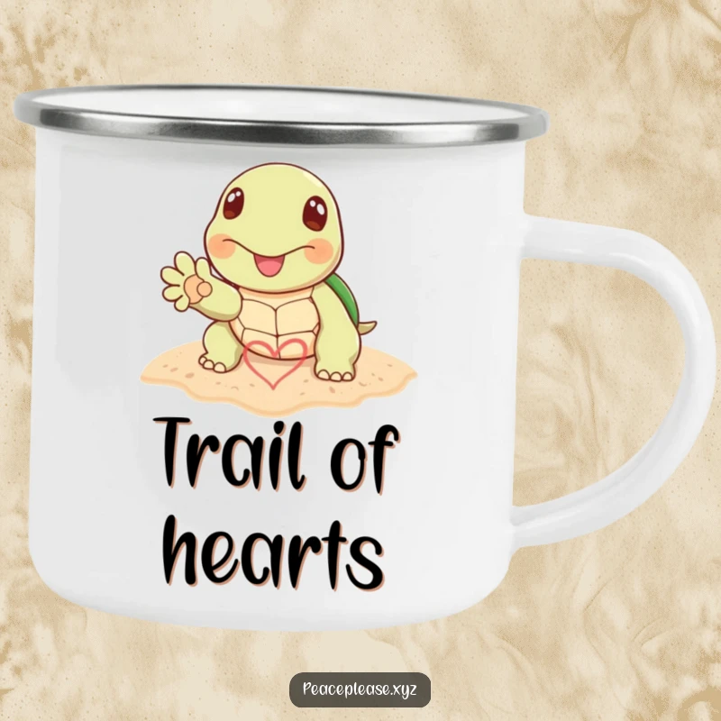 Funny camping mug with a cheerful turtle paw drawing a heart symbol in the sand, ideal for beach camping trips.