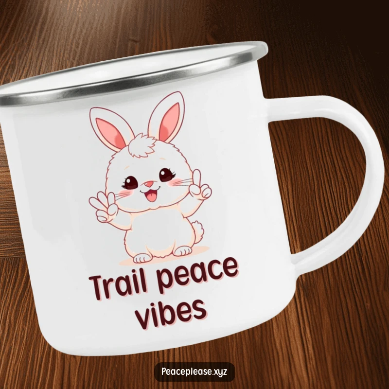 Funny camping mug featuring a fluffy bunny holding a peace sign with a joyful smile, ready for adventure.