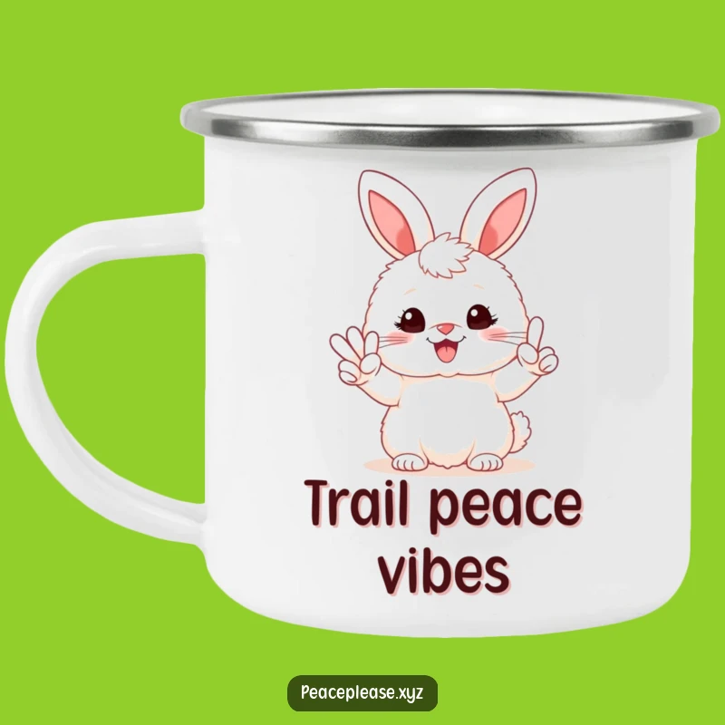 Funny Bunny Peace Sign Camping Mug - Durable Enamel Cup, Great Hilarious Outdoor Gift