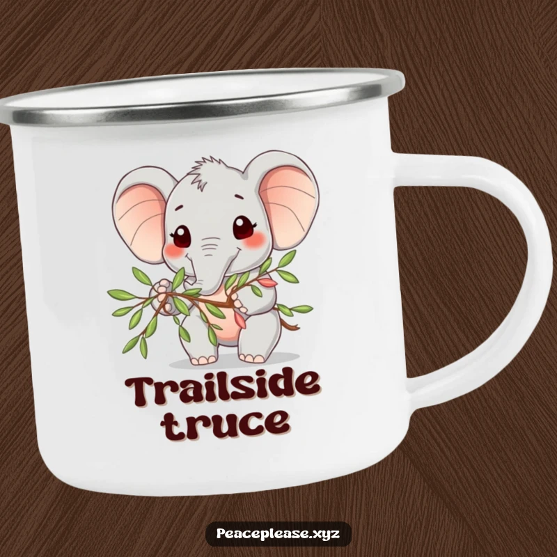 Funny Camping Mug featuring a cute elephant character with a friendly smile, offering an olive branch.