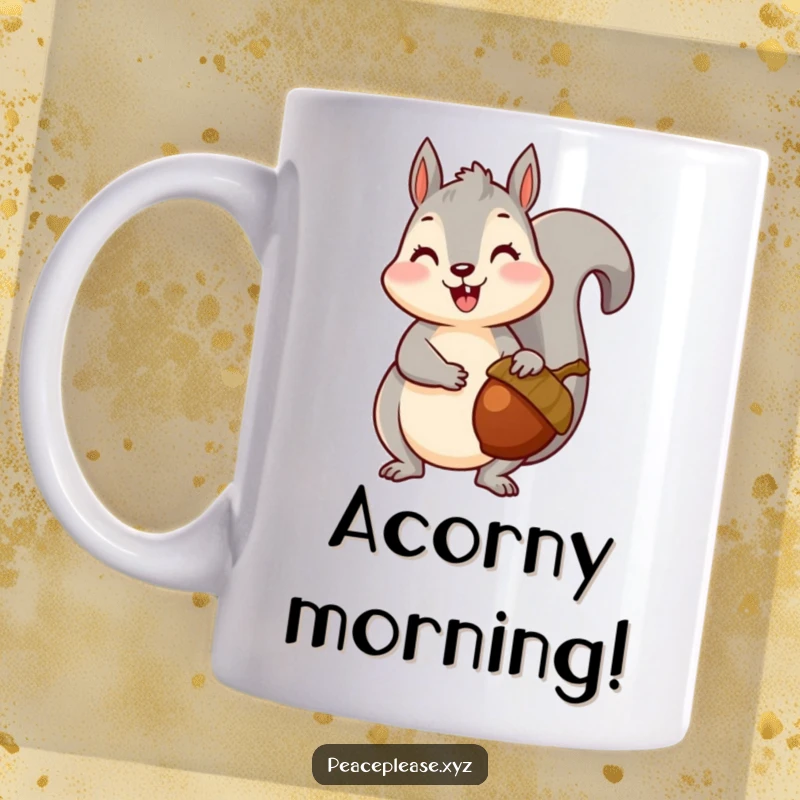 Happy squirrel proudly handing over a perfectly ripe acorn, embodying generosity and nutty charm in this mug design.