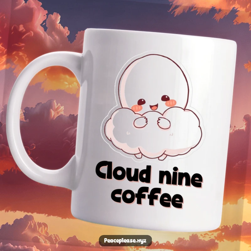 Funny Mug showing a smiling, resolved character hugging a fluffy cloud shaped like a peace symbol.