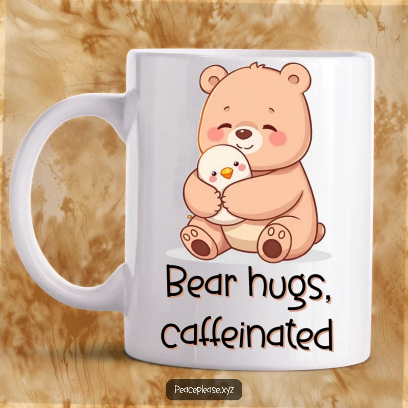 Funny mug with a gentle bear giving a big hug to a tiny, happy bird, symbolizing friendship and warmth.