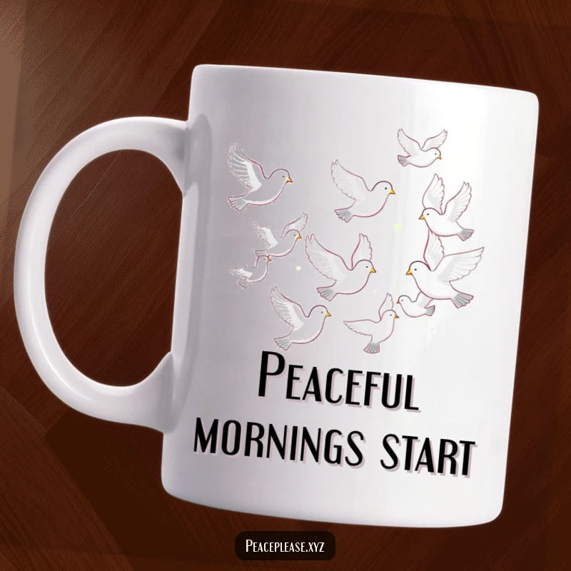 Funny mug showcasing a beautiful flock of white doves flying gracefully in a peaceful formation, symbolizing harmony.