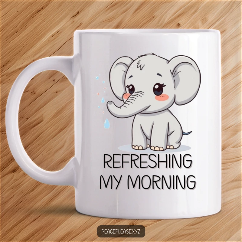Funny mug featuring a cute elephant character gently spraying a refreshing mist of sparkling water. A charming, humorous gift.