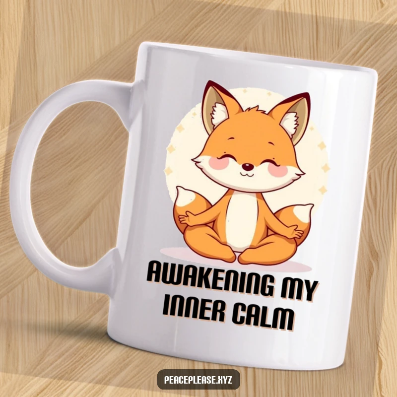 Funny mug featuring a smiling fox in a meditation lotus pose, radiating a peaceful, serene aura. A calming, humorous gift.
