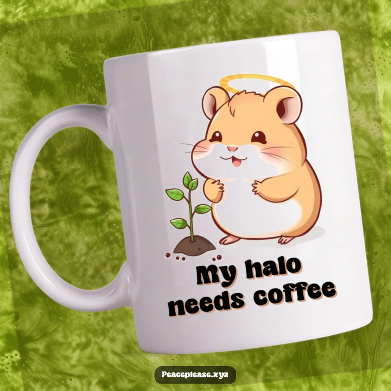 Funny mug with a contented hamster wearing a halo, offering a tiny sprout to a seedling, symbolizing peace and generosity.
