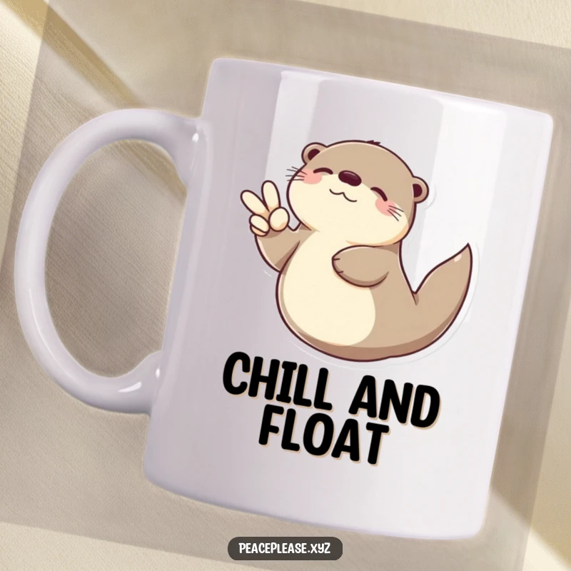 Funny Otter mug showing a serene otter floating on its back with a peace sign, a hilarious symbol of relaxation.