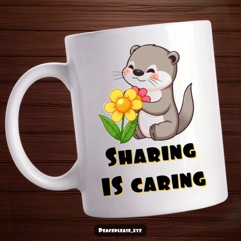 Funny mug with a cute otter sharing a vibrant flower with a friend, symbolizing kindness and playful connection.