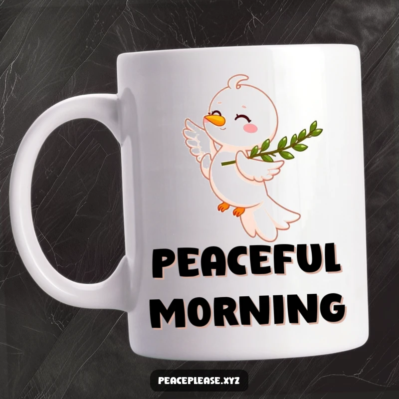 Funny smiling dove carrying an olive branch, soaring gracefully through soft clouds, spreading peace and humor, perfect for a gift.