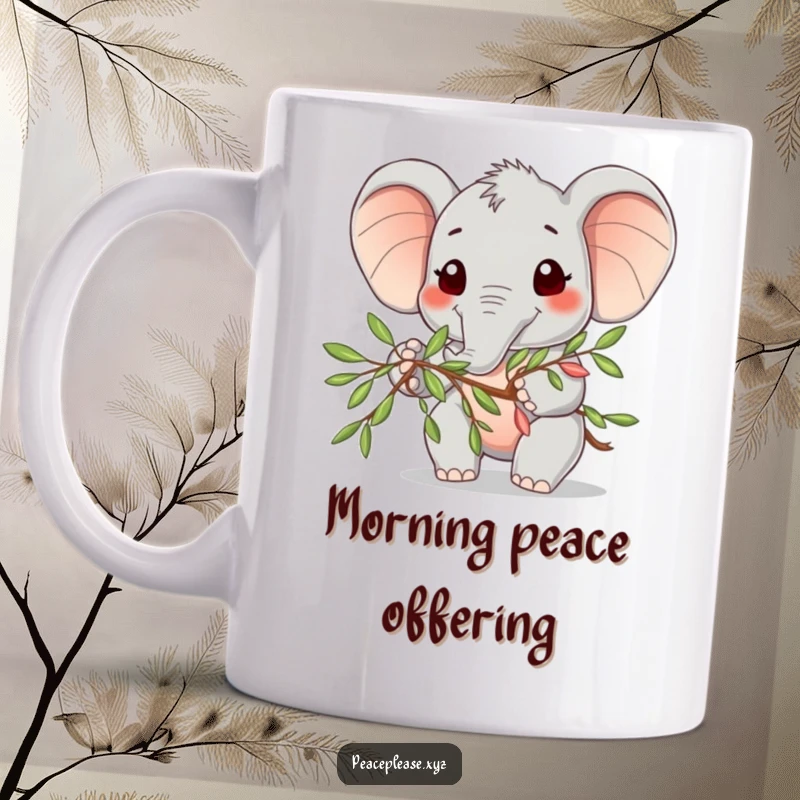 Funny Mug featuring a cute elephant character with a wide, friendly smile offering an olive branch of peace.