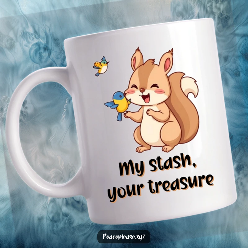 Funny Squirrel mug showing a joyful squirrel offering nuts to a happy bird, a heartwarming and humorous woodland scene.