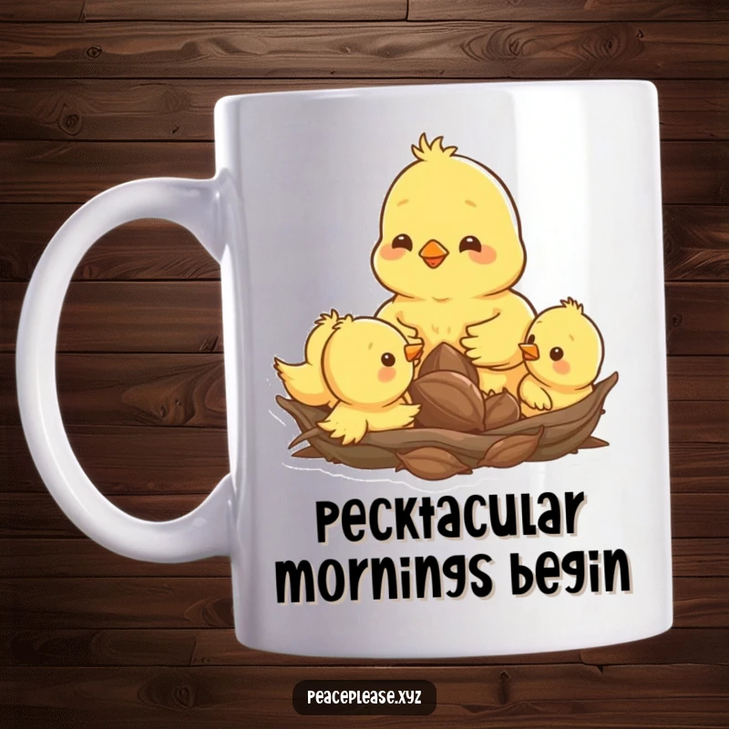 Funny mug illustration of a happy chick pecking a seed amongst its siblings in a cozy nest.